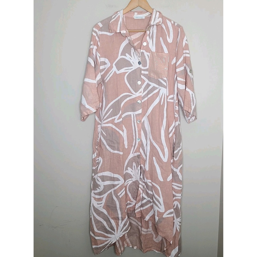 Made In Italy 100% Linen Oversized Button Up Floral Dress Pockets Lagenlook